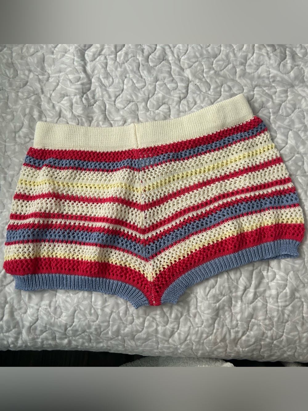 Striped Knit Crochet Women’s Shorts in Cream, Bright pink, Blue, & Yellow